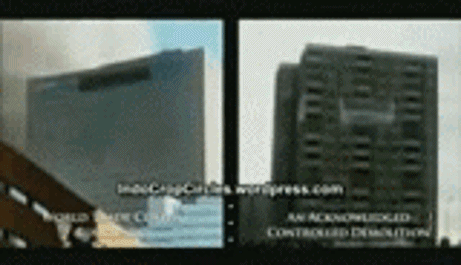 WTC-7 Collapsing – Video persamaan robohnya WTC-7 (kiri) dan robohnya beberapa gedung dengan sistim peledakan gedung tua (kanan). Tampak pada gambar keduanya roboh dengan efek “terjun bebas” (free fall) tanpa ada daya dorong dari konstruksi beton dan baja yang sama sekali tak terjadi pada gedung tersebut. Hal inilah yang membuat puluhan ribu pakar dan ahli dibidang arsitek dan insinyur memastikan serta membenarkan bahwa gedung WTC-7 roboh oleh cara yang sama dengan peledakan gedung (demolition)